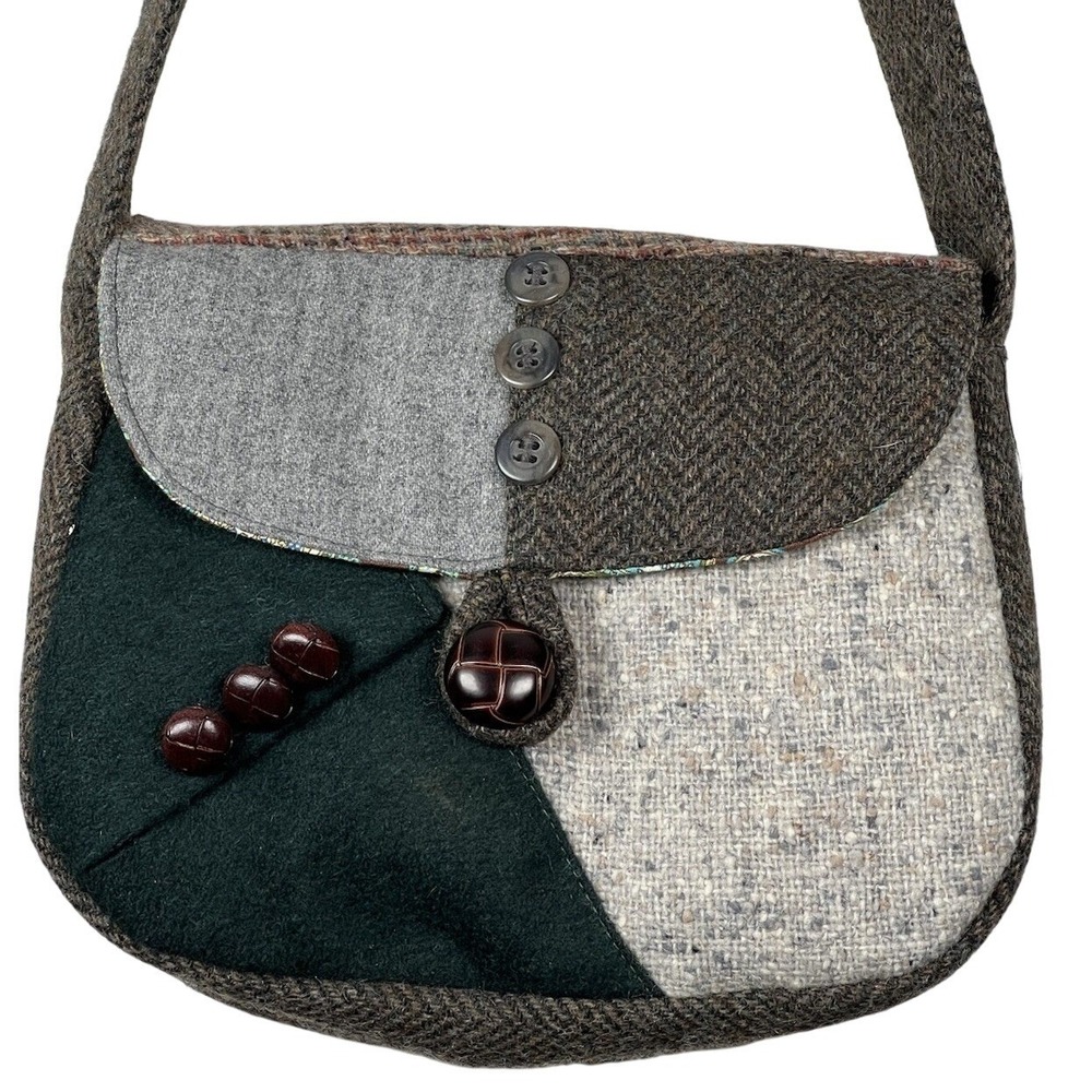 Multicolor Wool Tweed Patchwork Crossbody Bag Herringbone Paisley Lining Boho